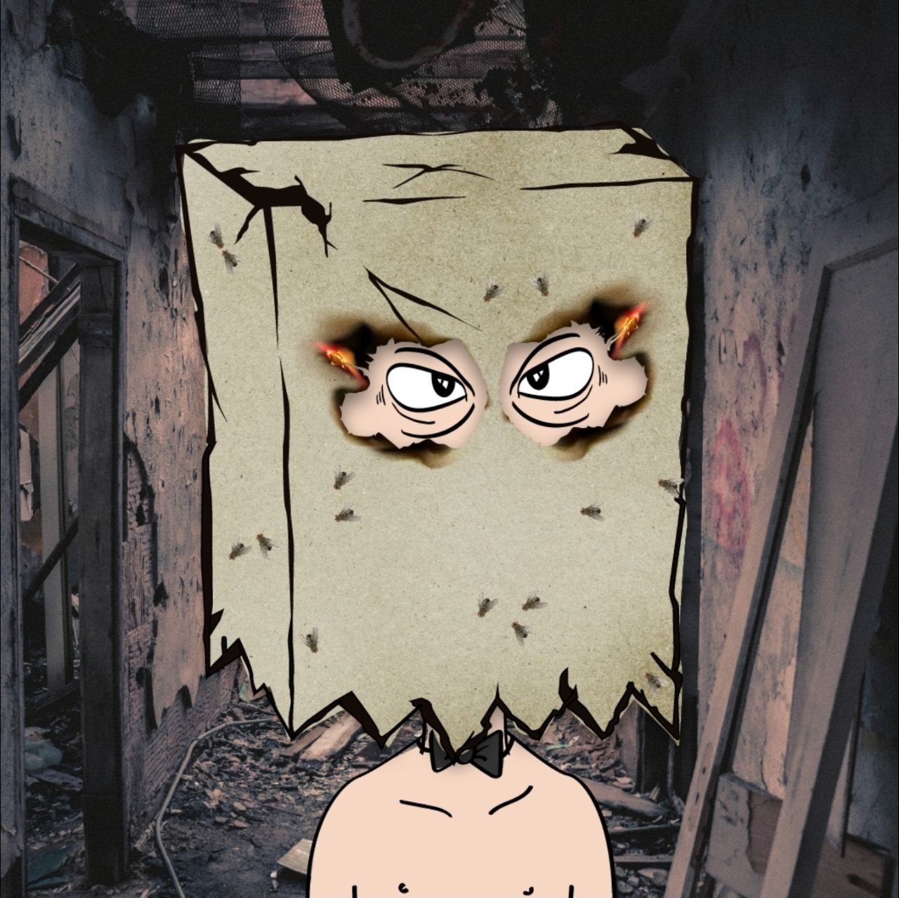 Bag head covered in flies wearing only a bow tie, standing in a burned-out house