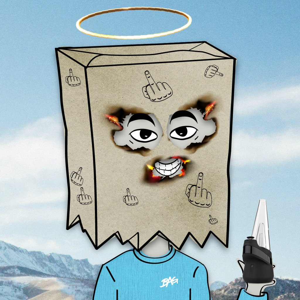 Bag head with a golden halo and middle-finger doodles all over the bag, holding a dab rig against a blue sky