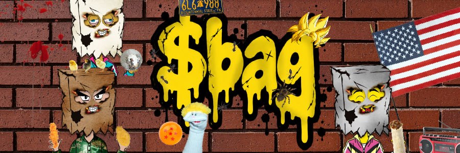 $bag banner — graffiti wordmark on a brick wall surrounded by bag-head characters, an American flag and a boombox